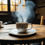 A steaming coffee cup on wood offers a caffeine fix for coffee enthusiasts.
