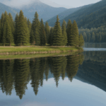 A calm lake landscape capturing the reflections of nearby trees and the tranquil sky, epitomizing serenity.
