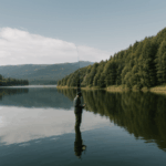 Casting a fishing line into the calm waters of a tranquil lake.