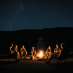 Friends connecting around a campfire under the stars.