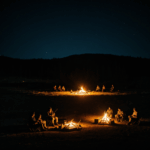 Memorable moments by the campfire, friends united under the vast night sky, enjoying the warmth and companionship.