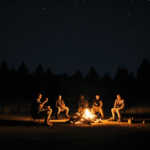 A group of friends gathered around a campfire under the night sky, enjoying the warmth and camaraderie.