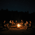 The joy of camping with friends around a night campfire.