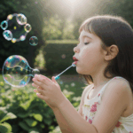 In a sunny garden, a girl delights in blowing bubbles, surrounded by lush greenery and warm sunlight.