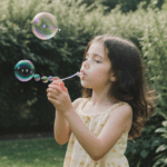A girl blowing bubbles in a sunny garden, surrounded by vibrant greenery and basking in the joy of play.