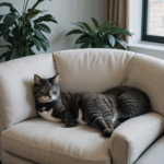 A fluffy cat peacefully sleeping on a cozy armchair, showcasing ultimate relaxation.
