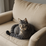 A cat peacefully sleeping on a plush, cozy armchair in a sunlit room.