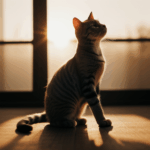 A cat stretches gracefully in the morning sunlight, enjoying the warmth.