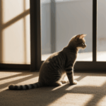 A stretching cat enjoys the morning sun, a picture of relaxation.