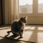 A cat stretches in the sun, an image of morning joy and serenity.
