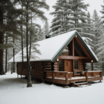 Charming forest retreat with a cozy cabin amidst snow-covered trees.