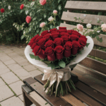 Wooden bench with a stunning rose bouquet, capturing the essence of elegance.