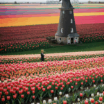 Charming windmill nestled in colorful tulip gardens, capturing the essence of serene rural landscapes and springtime beauty.