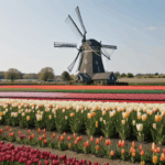 Charming landscape featuring a traditional windmill and vivid tulip fields, showcasing the beauty of Dutch rural heritage.