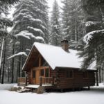 Charming woodland retreat with a cozy cabin amidst snow-laden trees.