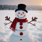 A cheerful snowman wearing a vibrant red scarf, standing proudly in a snowy landscape, showcasing winter fun.