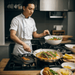 A skilled chef expertly cooking amidst a busy kitchen environment.