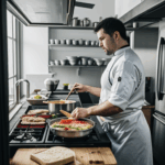 A chef skillfully cooking in a busy kitchen, surrounded by culinary tools.