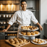 A skilled chef proudly holding a tray of freshly baked pastries, showcasing culinary expertise and passion for baking.