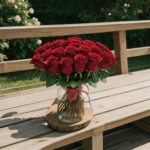 Natural rose display on a wooden bench, perfect for outdoor inspiration.