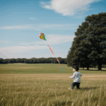 A child joyfully flying a kite in a wide-open grassy field, with the vibrant kite soaring high in the clear blue sky.