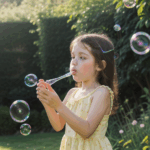 A cheerful girl immersed in bubble play in a sunlit garden, surrounded by lush plants and vibrant blooms.