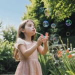 A happy child in a garden, blowing bubbles under the sun, embodying the spirit of carefree childhood.