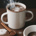 Chocolate lovers' mug of hot cocoa, topped with marshmallows and a sprinkle of cocoa powder for a delightful treat.
