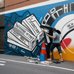A dynamic mural painting by a talented street artist in a bustling urban area.
