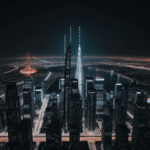 A vibrant city night scene with glowing lights reflecting off towering skyscrapers, creating a magical urban atmosphere.