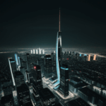Cityscape art at night, depicting the harmony of modern design and night lighting in a bustling urban environment.