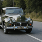 Classic car resting amid a picturesque rural landscape, evoking nostalgia and the timeless beauty of vintage vehicles on country roads.
