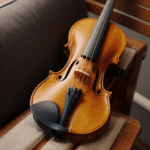 The serene beauty of a violin resting on a wooden chair, perfect for music lovers.