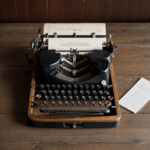 A close-up view of a classic typewriter highlighting its retro style and timeless design on a wooden surface.