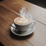 A delightful cup of steaming coffee on a rustic wooden surface.