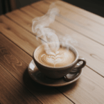 The inviting aroma of coffee rising from a steaming cup on a wooden surface.