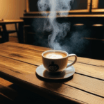 Experience the aromatic allure of coffee with a steaming cup on a classic wooden table.
