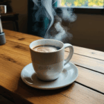 A steaming cup of coffee on rustic wood, a perfect moment for coffee art lovers.