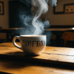 A steaming coffee cup offers a comforting break on a rustic wooden table.