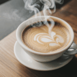 The charm of a steaming coffee cup on a rustic wooden table.