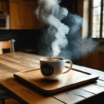 The warmth of a steaming coffee cup on a wooden table creates a serene coffee vibe.