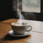 The culture and aroma of coffee captured in a steaming cup on wood.