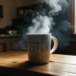 A perfect blend of aroma and warmth, a steaming coffee cup on a wooden surface invites indulgence.