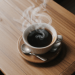 A beautifully steaming coffee cup, resting on a wooden table.