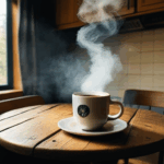 A steaming coffee cup on a wooden table captures the essence of coffee experience.