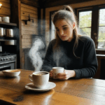 A charming coffee scene with a steaming cup on wood, inviting relaxation and enjoyment.
