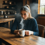 An inviting scene of a steaming coffee cup on a rustic table, ideal for coffee enthusiasts.