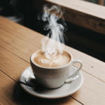 A warm, aromatic coffee cup sitting on a rustic wooden surface.