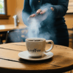 Capturing the essence of morning joy, a steaming coffee cup rests on a wooden backdrop.