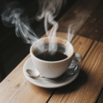 Steaming cup of coffee sitting charmingly on a wooden table, ideal for savoring the moment.